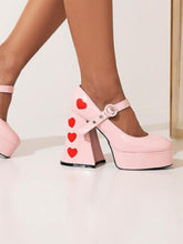 Heart Pink Shiny Patent Leather Buckle Flared Chunky Heel Round Toe Platform Mary Jane Pumps
